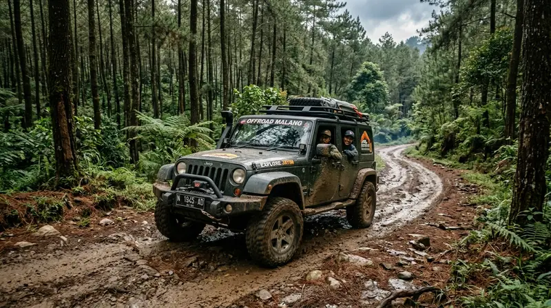 Aksi Jeep Offroad di Hutan Pinus Malang