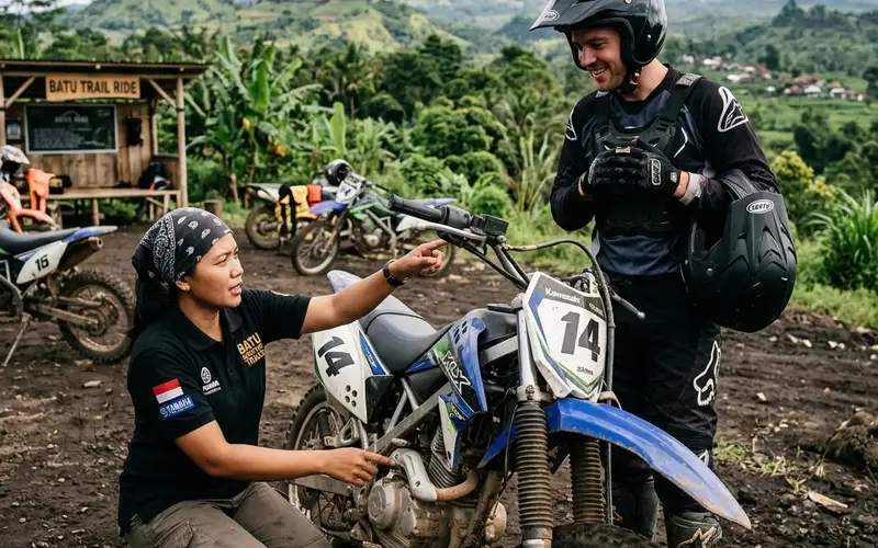 Pengecekan kondisi motor trail sebelum penyewaan di Batu