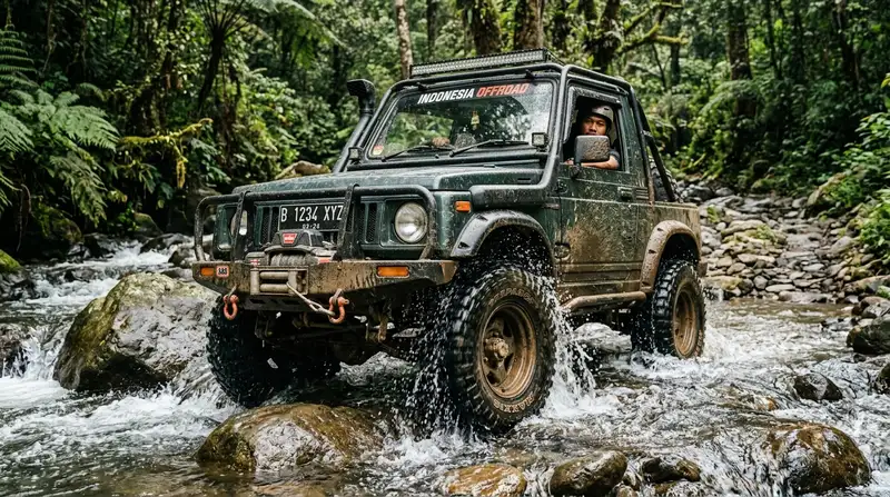 Mobil Offroad Melewati Sungai Berbatu